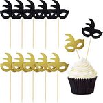 48 Pieces Masquerade Mask Cupcake Toppers Toothpicks Glitter Birthday Cake Decorations Mardi Gras Food Dessert Picks for Holiday Party Favors Supplies Baby Shower Cake Decor (Gold, Black)