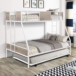 AUTHENTIC International Metal Bunk Beds Twin Over Full Size Bunk Bed Frame with Trundle & Two-Side Ladders for Adults, (White) (Stainless Steel)