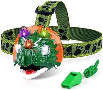 Dinosaur Headlamp with Whistle for Kids Camping Gear - Triceratops Toys Headlight Flashlight for 3 4 5 6 7 8 9 10 Years Old Boys Girls, Perfect for Camping, Hiking, Hunting, Reading and Parties