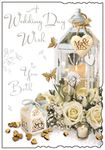 Greeting Card (JJ8625) - Wedding - Wedding Day Wish - Lantern and Roses - Velvet Range - Embossed, Flitter and Foil Finish