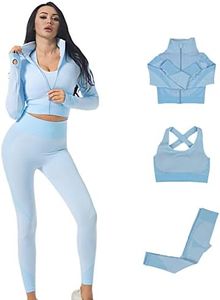 Veriliss 3pcs Seamless Outfit Workout Sets Gym for Women, Fitness Sports School Running Clothes Yoga Sportswear (Lightblue L)
