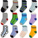 Tphon 12 Pairs Toddler Non Skid Socks with Grips Anti Slip Bottom, Cotton Non Slip Ankle Crew Socks for Boys, Girls, Kids(1-7Years), 06 Navy Style(12 Pairs), 3-5T