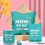 Jhingalala Mom to Be Printed Satin Cushion with Filler, Coffee Mug, Key Chain, Greeting Card Combo, (Multicolor, Medium)