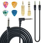 SUNYIN Electric Guitar Cable,Guitar Amp Cord 10-Feet Electric Instrument Cable Straight to Right Angle for Electric Instruments to Amp,Gold Plated 3.5mm&6.5mm Stereo Adapter,Audio Cable(Black),4 Picks