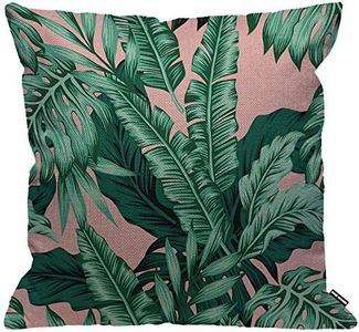 Funda de cojín HGOD Designs, diseño de hojas de plátano, color verde tropical y rosa, funda de almohada decorativa para el hogar para hombres y mujeres, sala de estar, sofá, silla de 45 x 45 cm