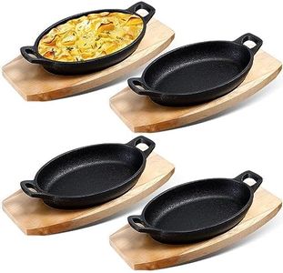 Mifoci Set of 4 Cast Iron Mini Oval Serving Dish Pans with Wooden Base 8oz Mini Cast Fajitas Iron Small Iron Skillet Dishes Black Little Pans Skillets for Baking Roasting (8.7 x 4.7 x 1.6 Inch)