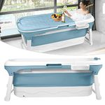 HENGMEI Foldable Bathtub Adult XL Mobile Portable Bathtub with Cover Massage Rollers and Bath Shelf, Blue (128 x 62 x 52 cm)