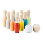 Navaris Wooden Skittles Set for Kids - Children's Coloured Beech Wood Bowling Game for Toddlers with 10 Pins and 2 Balls - 18 Months +