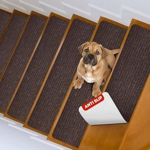 Shario Premium Non-Slip Stair Treads, 20x75cm, Set of 15, Pre-Applied Adhesive, Waterproof Carpet Runner for Kids, Elders and Dogs (Coffee)