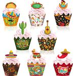 48 Pieces Fiesta Cupcake Toppers and Wrappers, Cupcake Decoration for Mexican Party Carnival, Cactus Donkey Pepper Sombrero Taco Mustache for Fiesta Themed Summer Party Supplies