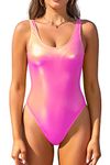 SHEKINI Women's Metallic Shiny Bathing Suit Scoop Neck Backless One Piece Swimsuits(Pink, Medium)