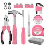 24 PCS Pink Tool Kit for Women, Mini Household DIY Tool Kit for Ladies, Mini Tool Kit Box Hand Tools Set with Hammer, Tape Measure, Pliers, Wrenches, Bit Drivers and Handle for Home & Office Repair