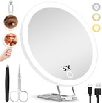 5X Magnifying Mirror with Light, Large 5x Makeup Magnifying Mirror, Lighted 5x Magnification Mirror with Adjustable Stand & Suction Cup, 6inch Travel Magnifying Mirror Compact 5x LED Magnifying Mirror