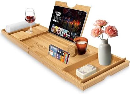 SereneLife Bath Caddy Breakfast Tray Combo with Gift Box-Natural Bamboo Wood Waterproof Bath Tub Caddy and Bed Tray with Folding Slide-Out Arms,Device Grooves,Wine Glass and Soap Holder