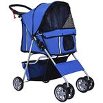 PawHut 4 Wheel Dog Pet Stroller Dog Cat Carrier Folding Sunshade Canopy with Brake, Blue