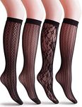 VERO MONTE 4 Pairs Women's Patterned Fishnet Knee High Socks (Black) 416201