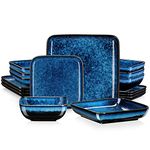 vancasso Dinner Sets, Square Reactive Glaze Crockery Set, 16-Piece Ceramic Plates and Bowls Set with Dinner Plate, Dessert Plate, Bowl and Soup Plate. Vintage Blue Look, Service for 4