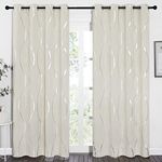 PONY DANCE Thermal Door Curtains 84 Inch Drop - Blackout Energy Saving Silver Wave Line Foil Printed Black out Curtains with Eyelet Window Drapes for Living Room, 52 Inch Wide, Light Beige, 2 Panels