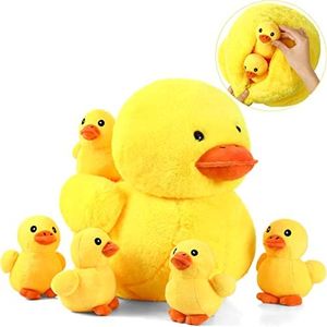 6 Pieces 13.7 Inches Plush Duck with 5 Little Plush Ducks Ducklings Stuffed Animals Playset Duck Stuffed Animals Stuffed Toy Duck Plush Duck Toy Plushies with Zipper Pouch Ducky Animal Dolls