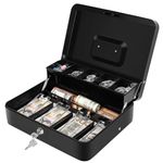 Plostive Portable Cash Box Money Organizer with Lock, 11.8'' Length Safe Durable Metal Box, 5 Compartment Coin Tray 4 Spring Loaded Bill with 2 Keys (Black, 11.8'' with 2 keys)