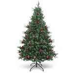 1.8m/6Ft Christmas Tree Green, Xmas Pine Tree Holiday Decoration with Metal Stand 688 Tips 58 Berries 58 Real Pine Cones (Mix Types Leaves PVC/PE Pine Tree Bud and Pine)