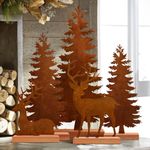 Set of 5 Metal Christmas Pine Tree and Elk Tabletop Decor, Rusty Steel Vintage Evergreen Tree Table Centerpieces - Farmhouse Xmas Holiday Decoration for Room Fireplace Shelf