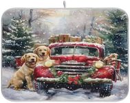 Christmas Red Truck Golden Retriever Dog Dish Drying Mat 18x24 for Kitchen Winter Snowflake Xmas Tree Snowman Dishes Pad Dish Drainer Rack Mats Absorbent Fast Dry Kitchen Accessories