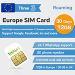 Europe Three SIM Card 30 Days 12GB Data in Europe/30GB in UK, Easy Activation & 24/7 Whatsapp Support–UK Phone Number, Unlimited Local Calls & Texts, 5G/4G, Compatible with Unlocked Smartphones