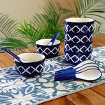 Backspace Retail Hand-Painted Ceramic Soup Bowls Set Off 6 with Matching Spoon | Blue Bowls, 300ml Each | Ideal for Serving Soup, Maggi, Dessert | Microwave and Dishwasher Safe