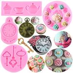 RFGHAC Tea Party Cake Mould Teapot Fondant Mould Vintage Key Clock Silicone Mould Tea Cup Mould Rose Flower Mould for Cake Decorating Cupcake Topper Candy Gum Paste Polymer Clay Set of 4