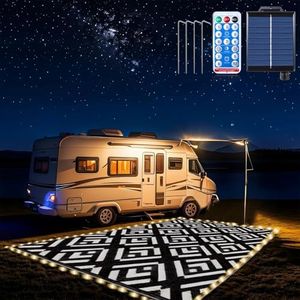 8x10Ft Outdoor Rug, Solar Powered Outdoor Camping Rug with 111LEDs Strip Lights, Waterproof Plastic Reversible Outdoor Straw Rug, Rug Mat for RV Camping Patio House Deck Beach Balcony Picnic