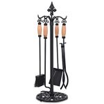 COSTWAY 5 Piece Fire Tools Set, Iron Fireplace Fireside Companion Brush, Poker, Shovel and Tong (Wood + Black)