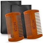 Wooden Beard Comb for Men - Pack of 2, Handcrafted Solid Beechwood Beard Combs, Mustache and Head Hair Pocket Comb with Leather Case - Dual Action Fine & Coarse Teeth