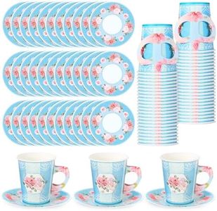 Zopeal 100 Pcs Disposable Tea Party Cup and Plates Floral Paper Teacups with Handle and Saucer Set for Wedding Birthday Princess Blossom Party Baby Shower Decoration(Sky Blue)
