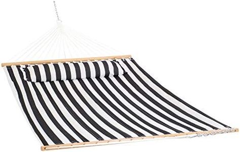 Sunnydaze Quilted Double Hammock for Outside with Spreader Bars and Pillow - 450 lb Capacity, 74x55 Inch Bed, UV Resistant, Quick Dry - Chains Included, Stand Sold Separately - Black & White