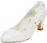 Emily Bridal Wedding Shoes Women's Silk Like Satin Chunky Heel Pumps with Stitching Lace Flower Crystal Pearl- 7 UK / EU 40 , Ivory