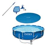 Intex 28012E 12 Foot Pool Cover Tarp + Intex 28002E Pool Skimmer and Vacuum Cleaning Kit + Intex 28211EH Metal Framed above Ground Swimming Pool
