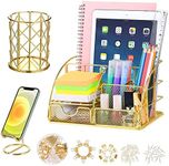 JUOPIEA Desk Organizers and Accessories Office Supplies Organizer with Pen Holder, 72 Clips Set and Phone Stand, Metal Mesh Desktop Organizers with Drawer for Home, Office, School Ect (Gold)