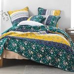 DaDa Bedding Bohemian Patchwork Bedspread - Bed of Wild Flowers Garden - Botanical Floral Quilted Coverlet Set - Bright Vibrant Yellow Blue Teal Green, Cotton, Teal Green, King