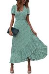 PRETTYGARDEN Women's Summer Wrap Maxi Dress Casual Boho Floral V Neck Short Sleeve Ruffle Hem Split Beach Long Dresses, Green, Medium