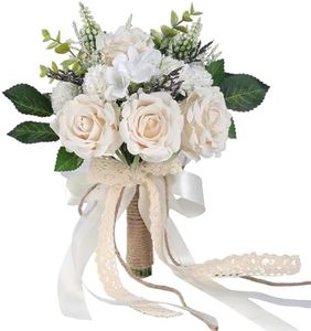 GLIDLION Wedding Bouquets for Bride Bridesmaid,White Champagne Artificial Roses Flowers for Wedding Church Decoration (7.5in)