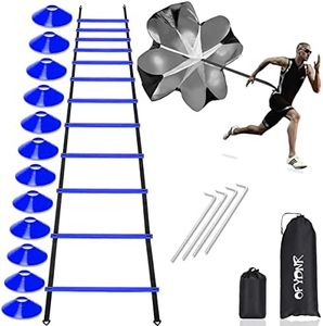 OFYDNR Speed Agility Ladder Training Set, 12 Rung 20Ft Agility Ladder, 12 Disc Cones, 4 Steel Stakes, Resistance Parachute with Carry Bag for Soccer Basketball Football Boxing Footwork Sports (Blue)