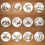 Round Forest Deer Stencils, 12 Pcs Deer Stencils for Wood Slice, Forest Mountain Moon Tree Deer Reusable Animal Stencils for Painting on Wood Burning Coasters Wall Furniture Home Decor 6.7"x6.7"