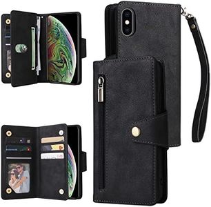 YocoverTech for iPhone Xs Max Case,for iPhone Xs Max Wallet Case[6 Card Slots and 1 Zipper Coin Pocket] PU Leather Stand Flip Cover with Wrist Strap for iPhone Xs Max[6.5 inch]-Black