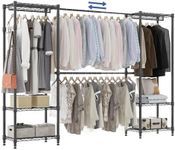 Extendable Clothes Rail with 4 Hanging Rods and 6 Height-Adjustable Shelves Telescopic Clothes Rail Heavy Duty Garment Rack with Side Hook Walk Wardrobe Storage Systems W (175-230) x H 180 cm, Black