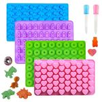 HKYLRAT 4 Pack Gummy Bear Candy Molds Silicone, Gummy Molds with 2 Droppers, Non-Stick Silicone Candy Molds Including Mini Dinosaur, Bear Shape, Hearts and Mini Donut