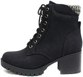 Soda Single Lug Sole Chunky Heel Combat Ankle Boot Lace up w/Side Zipper, Black (Nubuck), 10