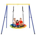 Costzon Metal Swing Frame Full Steel Swing Stand with 40" Saucer Swing, A-Frame Steel Swing Stand w/Ground Stakes, Great for Indoor and Outdoor, Garden, Backyard (Swing Frame with Saucer Round Swing)