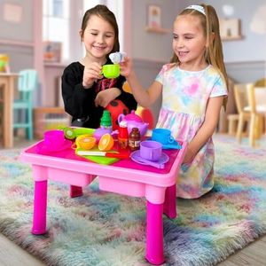 50-PCS Foldable Play Table with Tea Set for Little Girls, Kitchen Toys Play Dishes, Play Food & Cutting Fruits, Toy Knife & Utensils | Play Kitchen Accessory Play Dish Sets for Toddler Girl Toy Gift