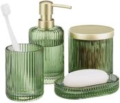 Navaris Glass Bathroom Accessories Set - Durable 4 Piece Accessory Set in Sage Green - Vanity Home Decor - Toothbrush Holder, Soap Dispenser, Cotton Jar & Soap Dish